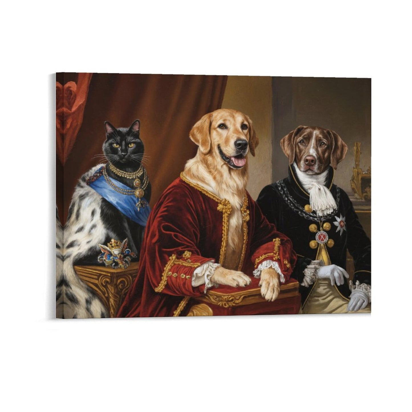 Artistic depiction of a cat and two dogs in formal attire against a classical painting background.