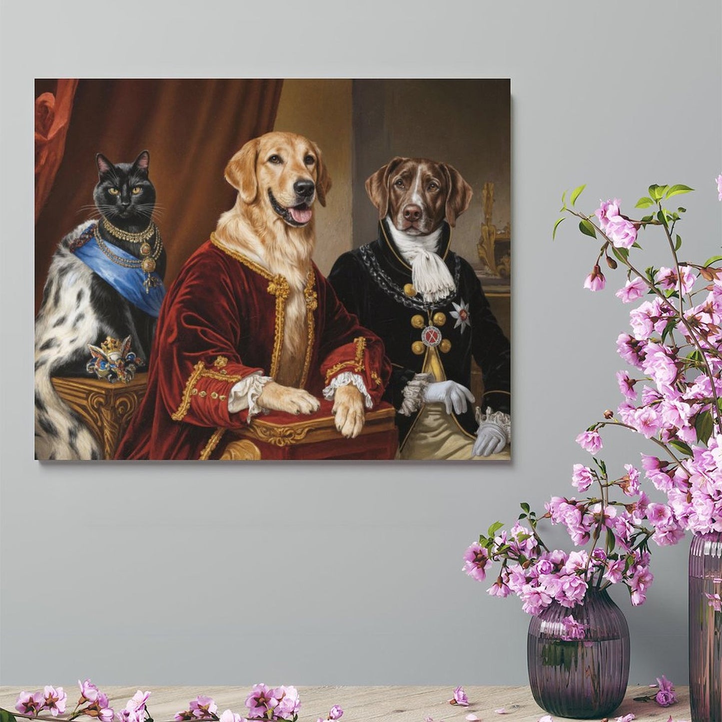 Artistic depiction of a cat and two dogs in formal attire on a wall, with a vase of flowers in the foreground.