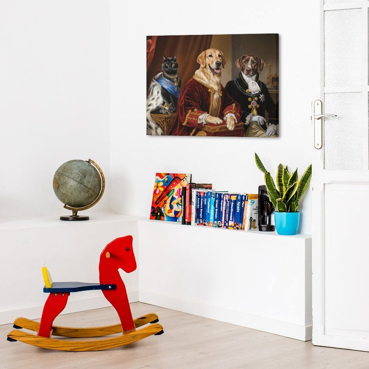 Hanging on the wall of the room is a Renaissance-style pet portrait of two dogs dressed in anthropomorphic costumes.