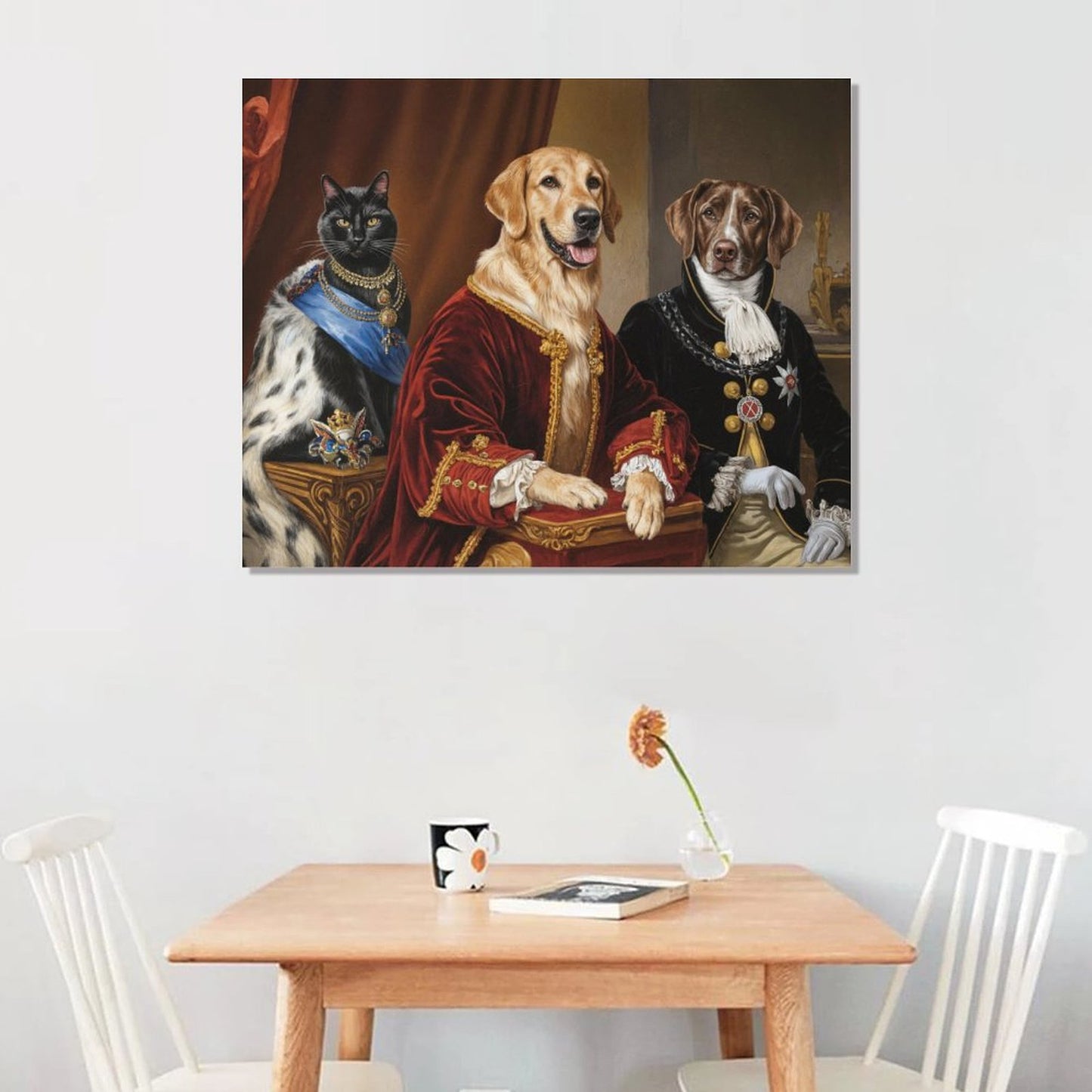 Decorative Renaissance style pet portrait of dogs and a cat in formal attire above a dining table.