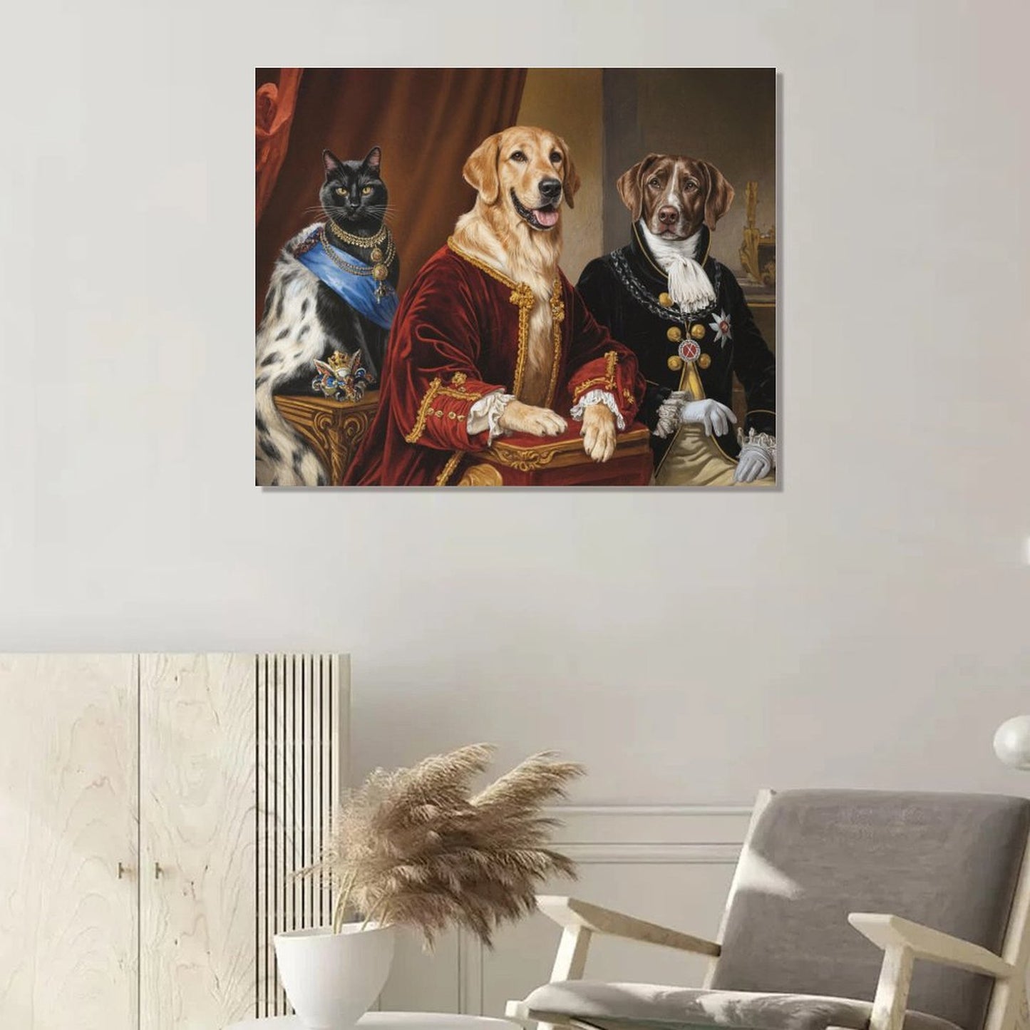 Renaissance style pet portrait canvas print of a cat and two dogs in formal attire on a wall above a chair.