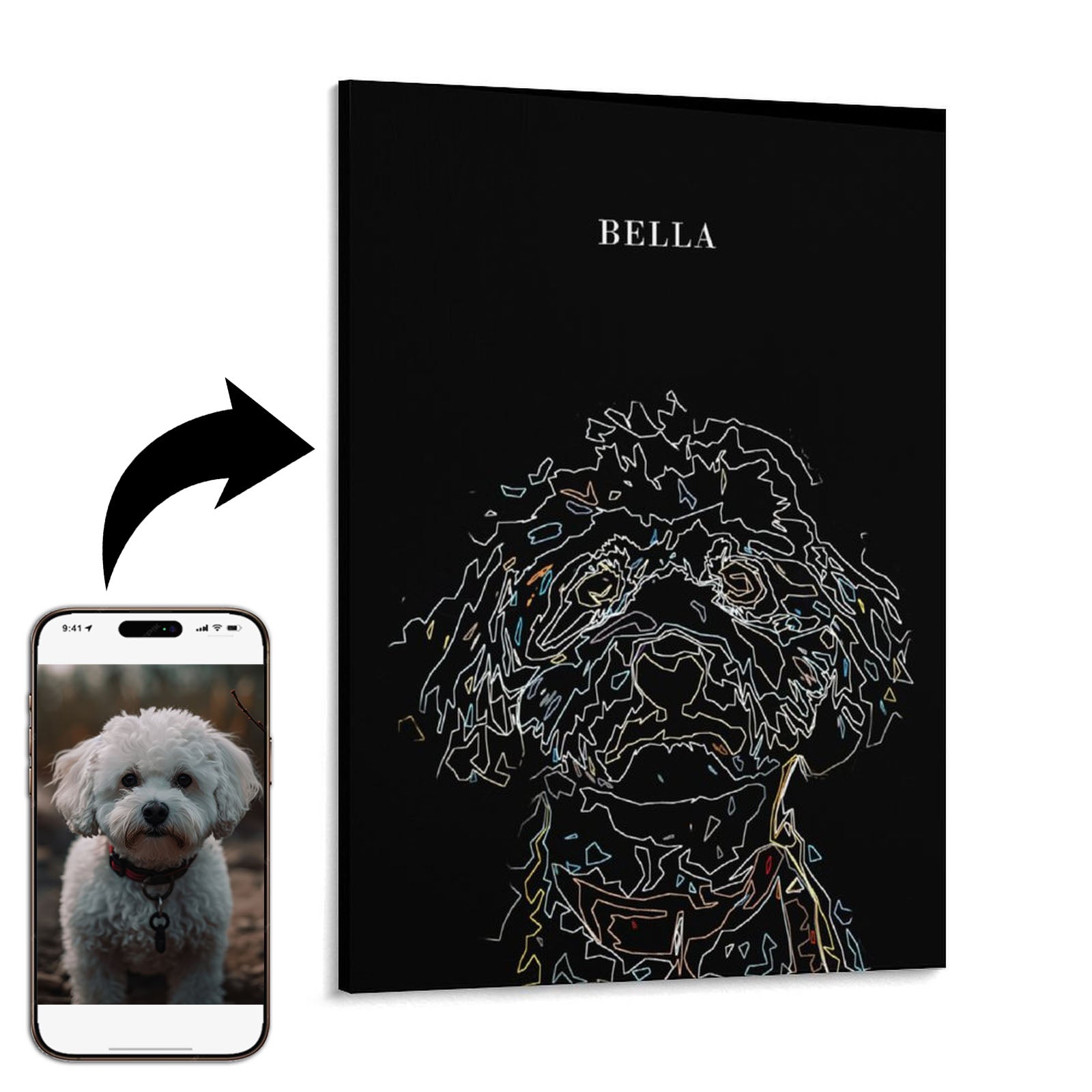 Phone displaying a dog photo with a black canvas print featuring a line art of the same dog named 'Bella'.