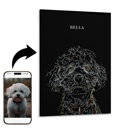 Phone displaying a dog photo with a black canvas print featuring a line art of the same dog named 'Bella'.