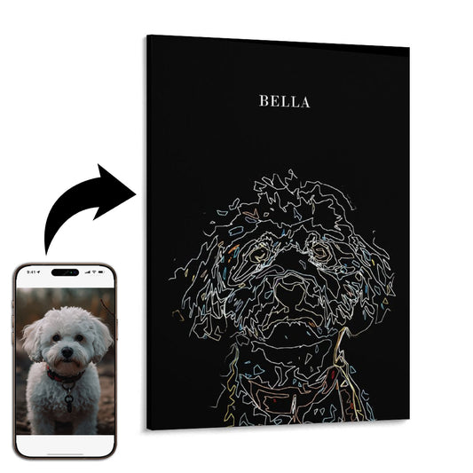 Phone displaying a dog photo with a black canvas print featuring a line art of the same dog named 'Bella'.