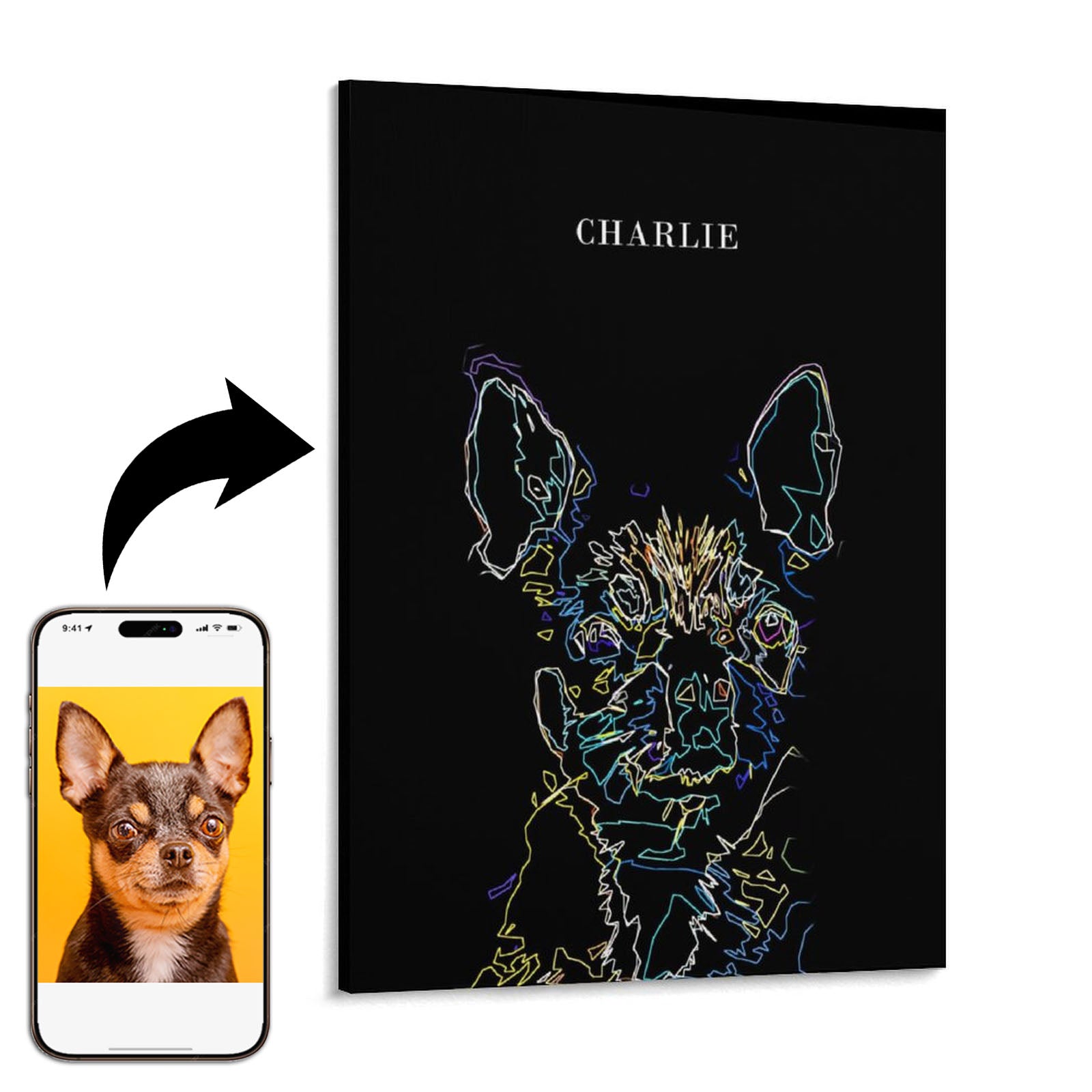 Canvas print of a stylized dog portrait with 'CHARLIE' at the top, next to a smartphone displaying a dog photo.