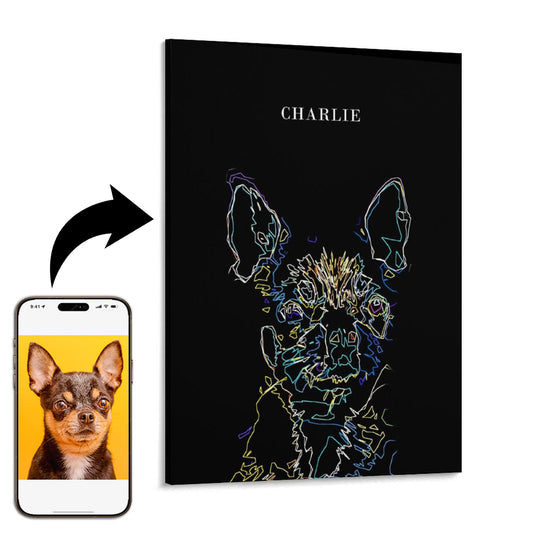 Canvas print of a stylized dog portrait with 'CHARLIE' at the top, next to a smartphone displaying a dog photo.