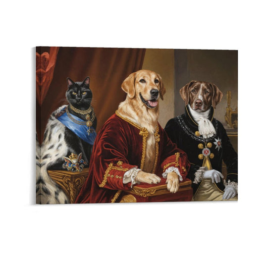 Artistic depiction of a cat and two dogs in formal attire against a classical painting background.