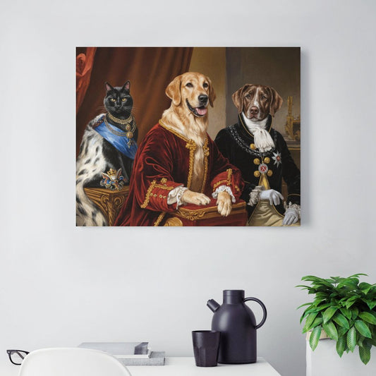 Artistic depiction of a cat and two dogs in formal attire on a white wall.